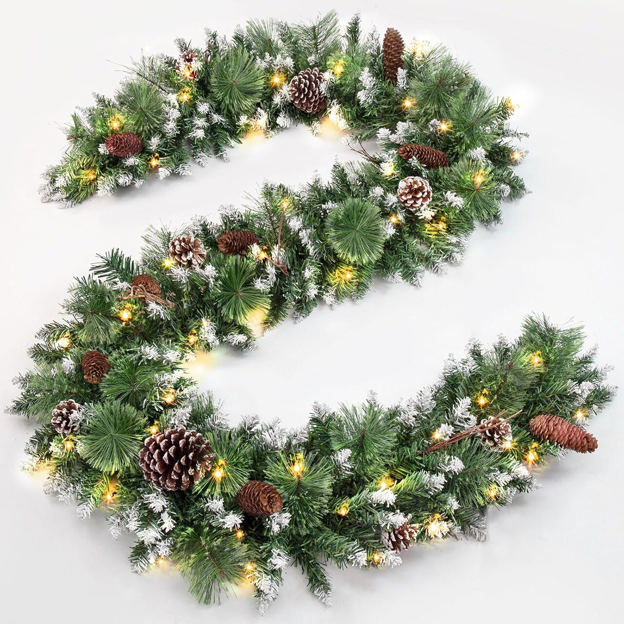 Pre-lit Christmas Garlands Xmas Decorations 8 Mode Timer Waterproof with Snowy Large Pine Cones, Long Pine Cones for Mantle Stairs Door Outdoor Decor